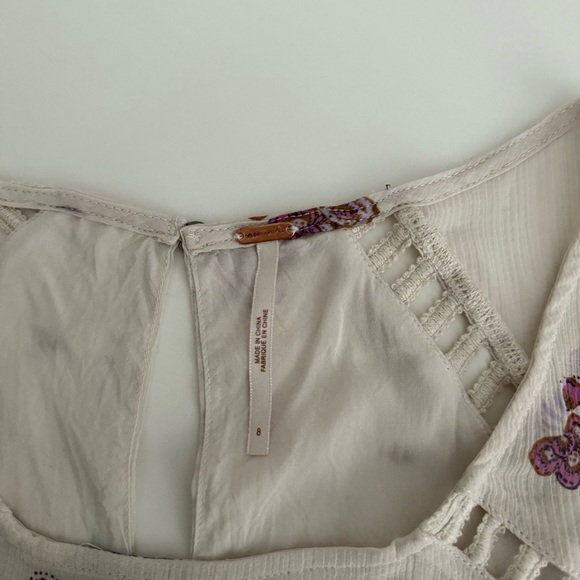 Free People Womens Cream Embroidered Mini Dress Boho Cap Sleeve Mesh M Romantic - Picture 6 of 9